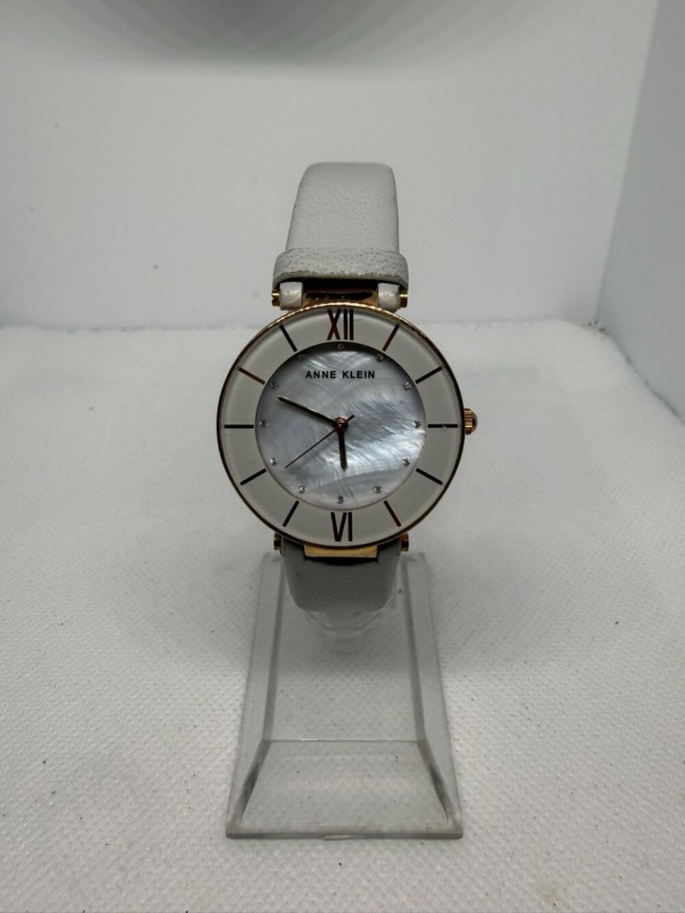 Anne Klein Women's Mother of Pearl Crystal Dial Gray Leather Watch AK/3272
